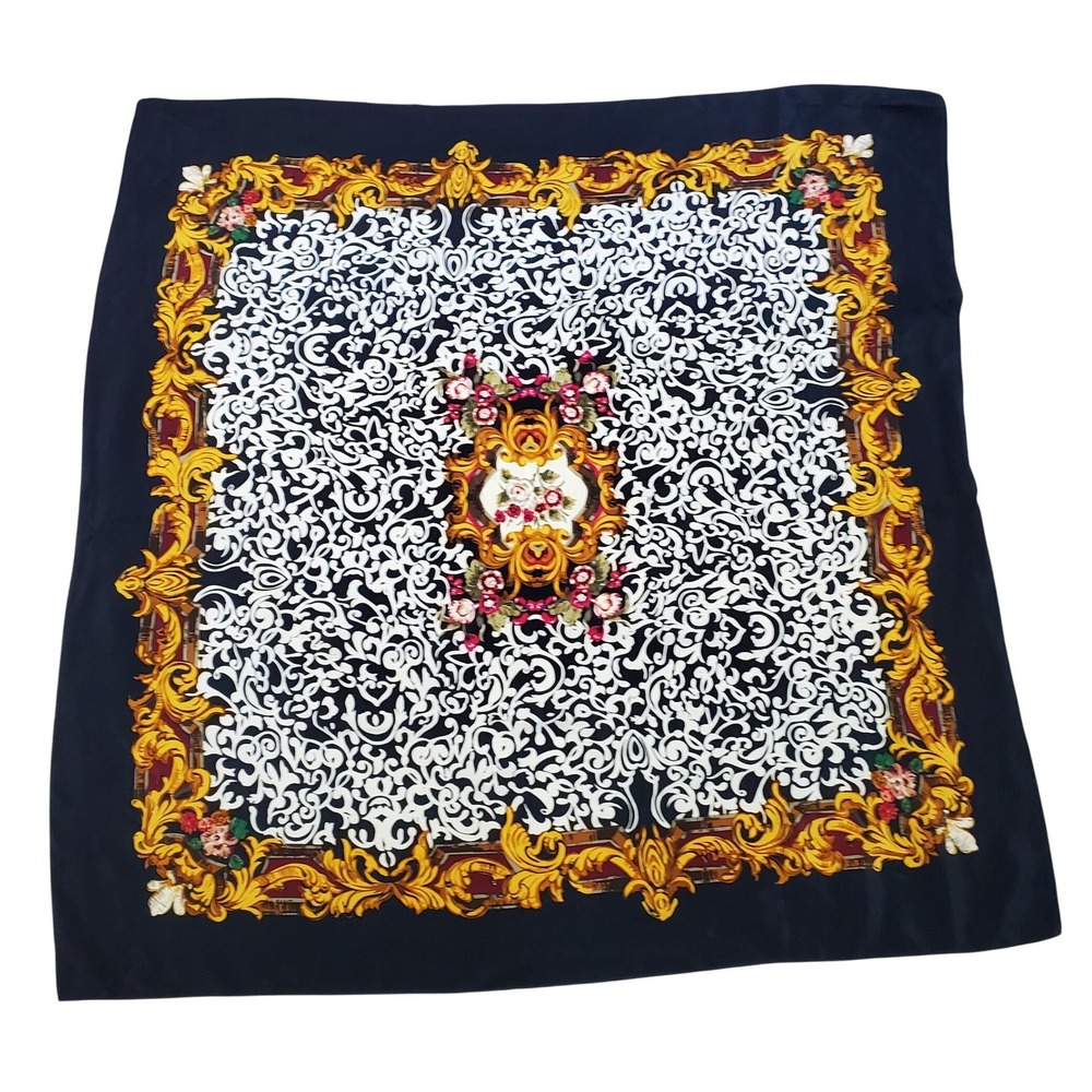 Luxury Baroque Floral Silk‎ Scarf Navy Gold Statement Accessory